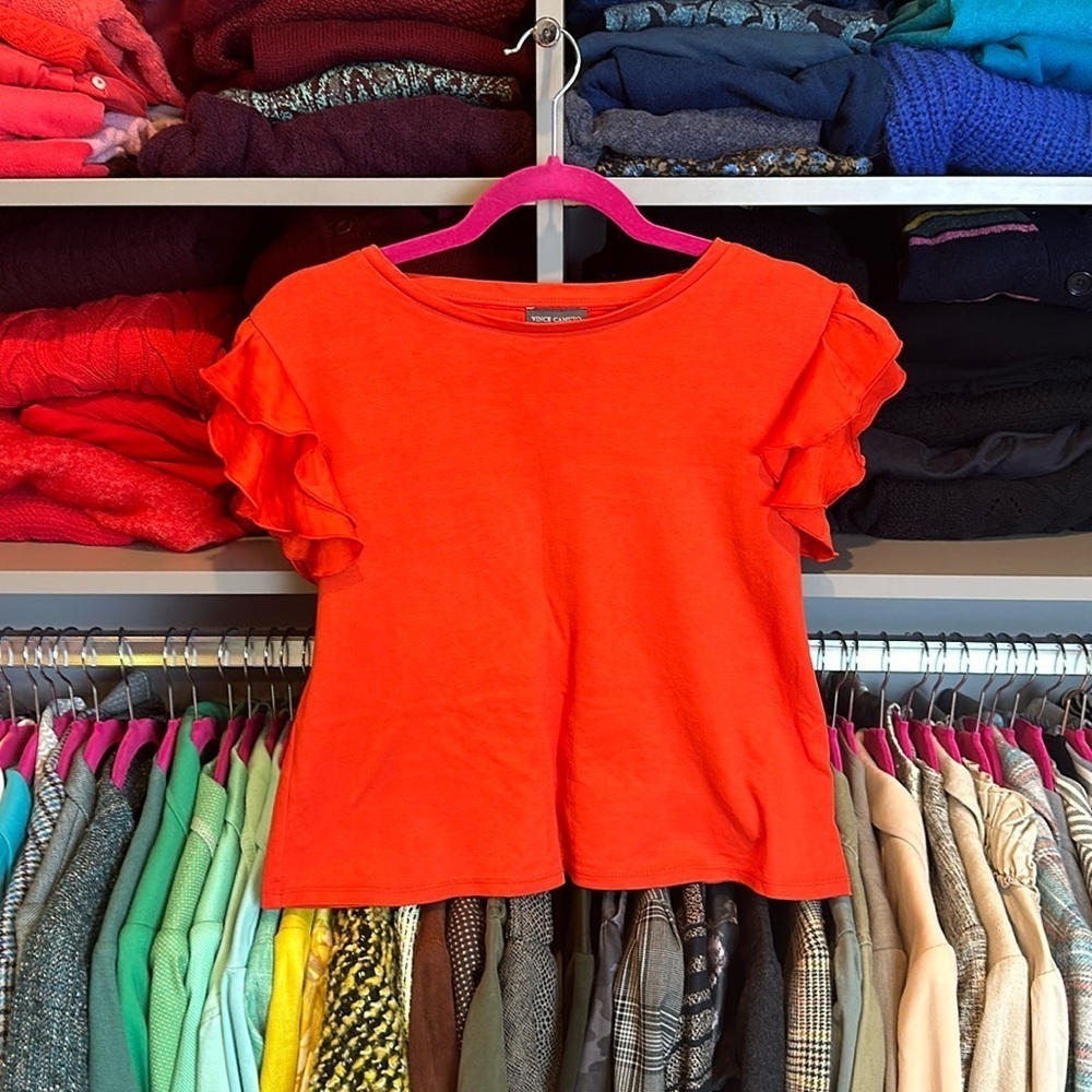 Vince Camuto red ruffle cap sleeve boxy fit top size XS​